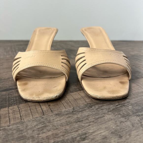 GUCCI TAN LEATHER KITTEN HIGH HEEL MULES SLIDE SANDALS SIZE 9 - Picture 5 of 7